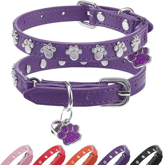 SCENEREAL Cat Collar with Bells, Leather Cat Collars with Paw Studded, Adjustable Pet Collars for Boy Girl Cats,Soft Cute Cat Collar for Kitty Puppy Small Big Cats, Purple