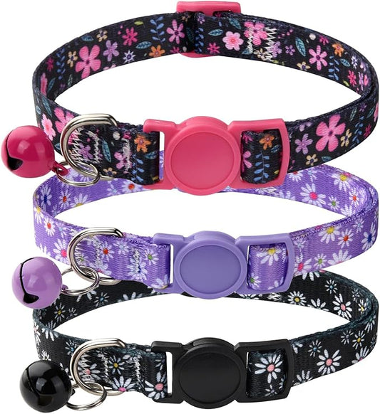 Cat Collar Breakaway with Bells, 3 Pack Girl Boy Pet Cat Collar with Bohemia Floral Tribal Geometric Patterns, Adjustable 7.5-12 Inch, with Safety Buckle for Kitten Cat(Set D)