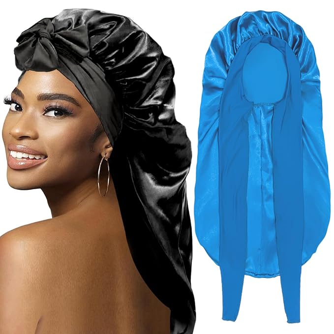 2Pcs Bonnets for Black Women Braid Bonnet, Large Long Satin Bonnet for Braids, Silk Bonnet with Stretchy Tie Band Sleep Cap Hair (2Pcs-Black&Blue)