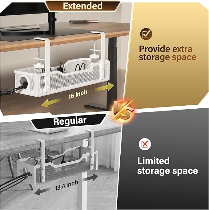 16-in Under Desk Cable Trays, No Drill, 2 Pack – White