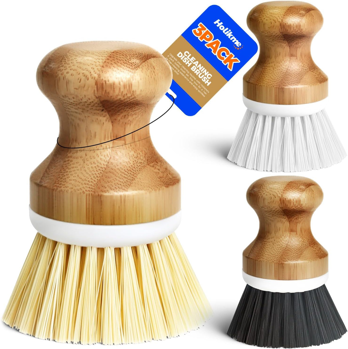 Holikme 3 Pack Dish Brush Set with Bamboo Handle, Kitchen Brushes for Cleaning Pot, Sink and Stove, Skillet Scrubber with Tough Bristles for Cast Iron Grill Pan, Yellow White Black