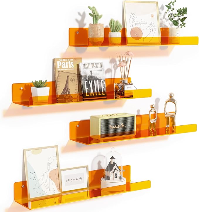 Acrylic Wall Shelves, 15 in, 4 Pack – Clear Orange