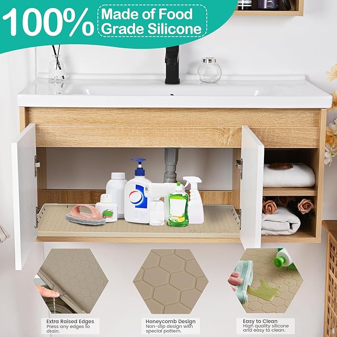 Waterproof Under Sink Mat 31" x 22", Silicone Cabinet Liner, Rubber Protector for Kitchen and Bathroom, Keeps Cabinets Clean, Dry, and Organized (Light Grey)