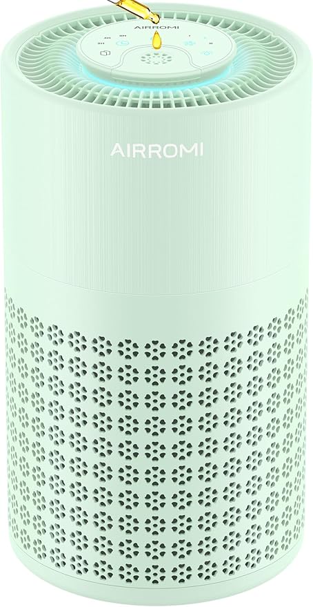 AIRROMI Air Purifier for Bedroom with HEPA 3-in-1 Filter, Pet Air Purifier for Home Cat Pee Smell, Covers Upto 990 Ft², Quiet 360°intake Air Cleaner for pet hair,allergies,Dust,Smoke A2001 Green