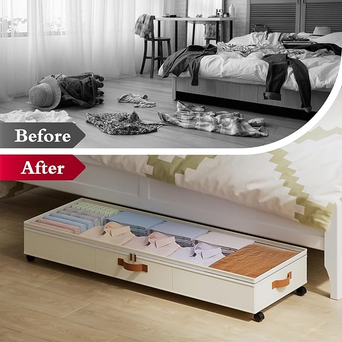 Rolling Under Bed Storage with Dividers, 85L, 2 Pack – Beige
