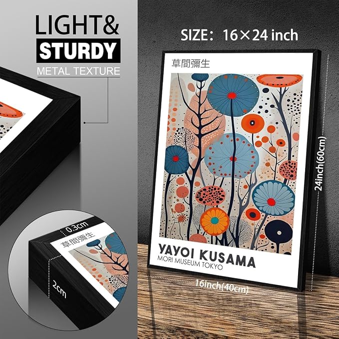 Yayoi Kusama Black Framed Wall Art 16x24in Vintage Japanese Painting Posters