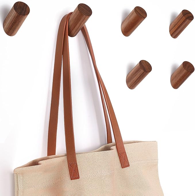 Felidio Wood Wall Hooks, 6 Pack Natural Wooden Coat Hooks Wall-Mounted