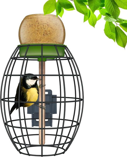 LONA Squirrel Proof Bird Feeding Cage for Outdoor, All-Weather Metal Caged Bird Feeder with Peanut Butter Jar Holder, Trapeze Stick, Chew-Proof Feeding Cage for Small Birds (Oval Cage, 1 Feeding Unit)