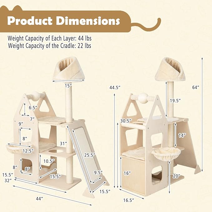 Tangkula Modern Wood Cat Tree for Indoor Cats, 64 Inch Multi-Level Tall Cat Tree with Scratching Rotatable Ball & Posts, Sisal Ramp, Hanging Basket, Large Cat Tower with Plush Perch, Washable Mats