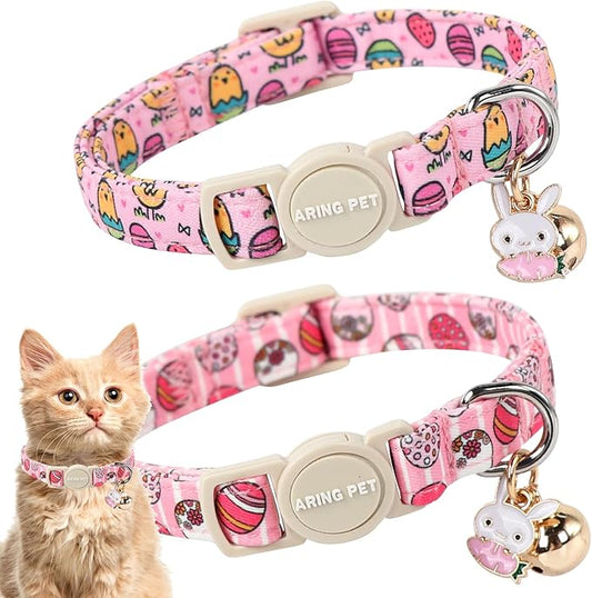 ARING PET 2 Pack Easter Cat Collars-Cute Easter Eggs Cat Collar Breakaway with Bell&Pendant, Adjustable Pink Chick Kitten Collars with Safety Buckle for Girl&Boy Cats