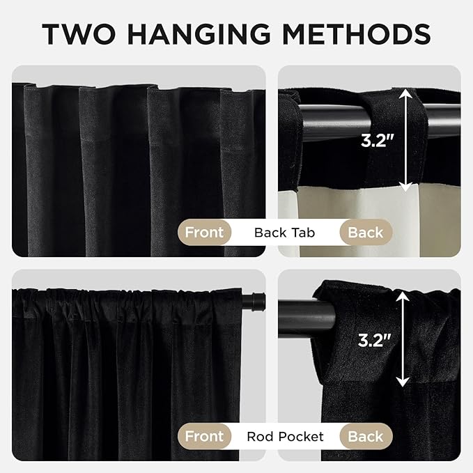 Joydeco Black 100% Blackout Curtains 96 Inch 2 Panels, Luxury Thermal Insulated Black Velvet Curtains for Bedroom Living Room, Soundproof Blackout Window Drapes, Rod Pocket & Back Tab (42W x 96L)