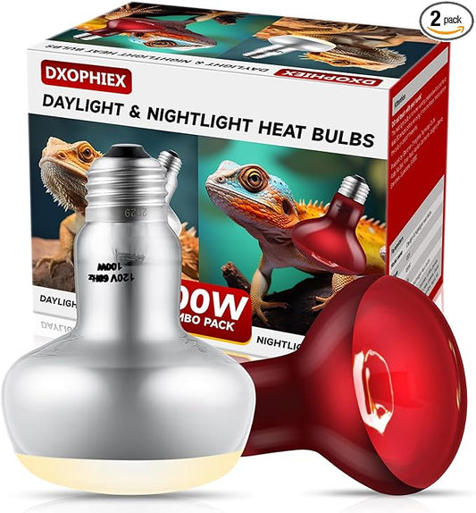 DXOPHIEX 2 Pack 100W Reptile Heat Lamp Bulbs Reptile Heat Bulbs, UVA Basking Bulb and Infrared Light Bulb Combo, Basking Light for Bearded Dragon, Turtles, Snake and Lizard