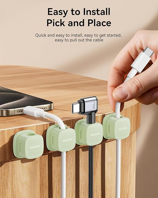 6 Pack Cable Management Cord Organizer, Magnetic Cable Clips-1s Lock, Rocoren Desk Adhesive Cord Cable Clip Wire Holder Keeper for Phone Charger Wire, Nightstand, Car, Office, Desktop Accessory, Green