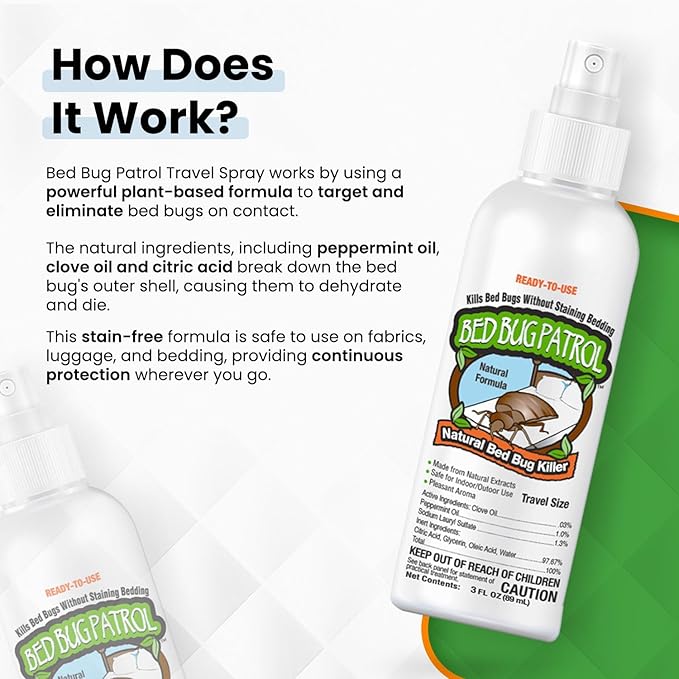Natural Bed Bug Killer – 3 Pack (3oz Each) Travel Spray – Non-Toxic, TSA Safe, Child & Pet Friendly Formula for Airbnb, Luggage, Hotels, Rideshare, and Work Trips