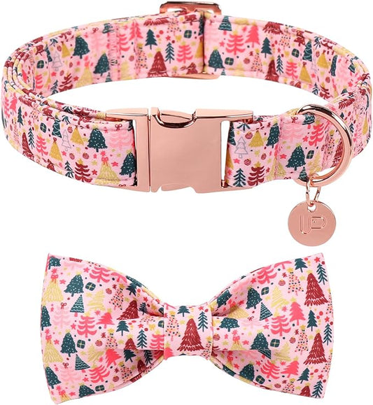 Christmas Dog Collar with Bow Tie, Pink Christmas Tree Collars for Dogs, Adjustable Pet Collar with Cute Xmas Tree Pendant, Winter Dog Accessories for Small Medium Large Dogs L