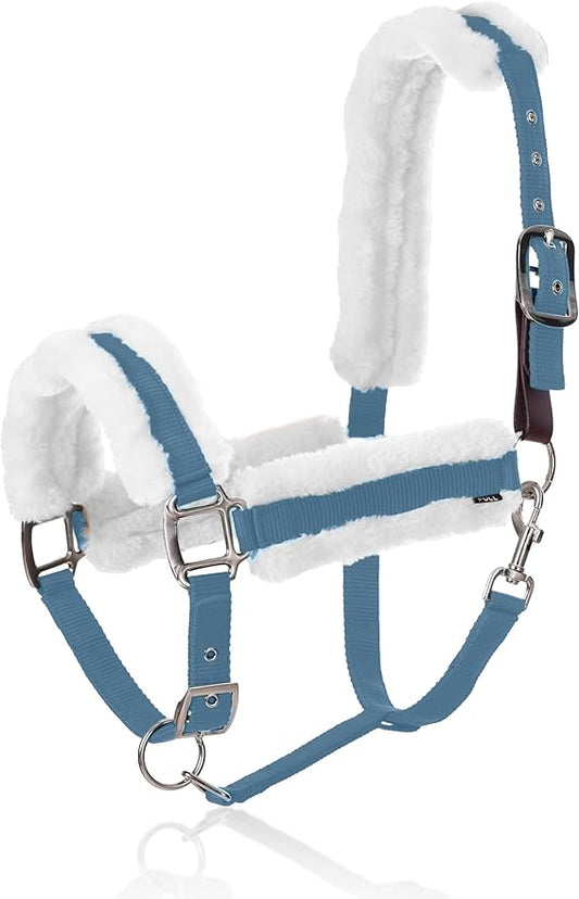 Equinavia Valkyrie Ultra Fleece Breakaway Horse Halter | Padded Fleece Adjustable Safety Halter with Nylon Webbing - Forever Blue/White - Cob