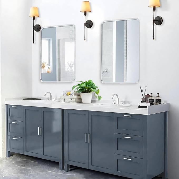 Brushed Nickel Bathroom Wall Mirror, Tempered Glass, Shatter Proof, Hangs