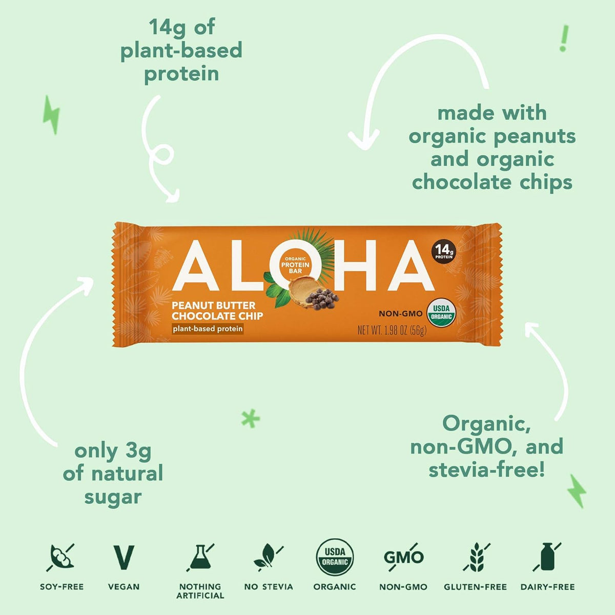 Aloha Organic Plant Based Protein Bar Peanut Butter Chocolate Chip , 1.98 Oz
