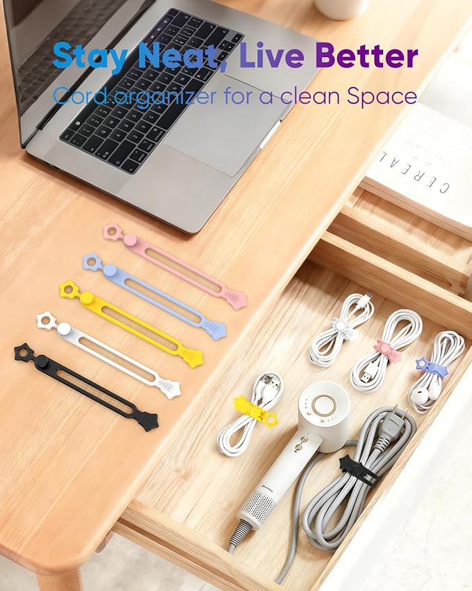 Quick Bind–Silicone Cable Ties Reusable, Cord Organizer for Charging Cables, Data Cables & Computer Wires, Multipurpose Elastic Cable Management Straps for Home,Office,Travel(36pcs,Multicolor)