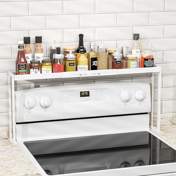 Stove Top Shelf for Curved Stove, Expand 27 to 33 Inch Spice Rack, 4 Level Adjustable Height Spice Shelf, Over the Stove Shelf for Back of Stove Spice Rack Organizer for Countertop, White