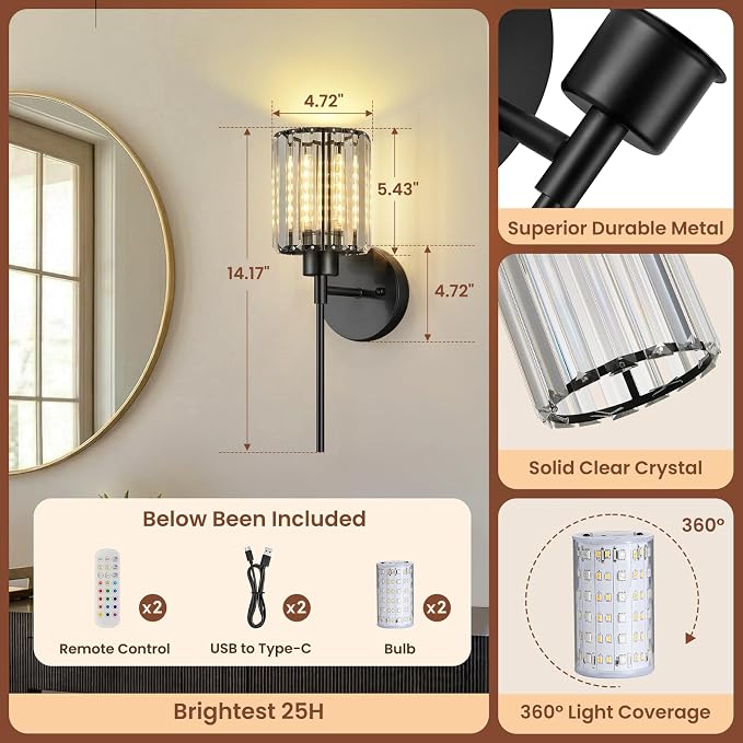 Crystal Battery Operated Wall Sconces, 12 Colors and 3CCT Dimmable Crystal Wall
