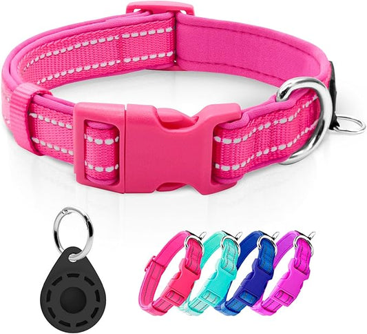 azuza Reflective Dog Collar with Airtag Holder, Soft Neoprene Padded Pet Collar with ID Tag Ring, Adjustable for Puppy and Small Dogs,Hot Pink,XS
