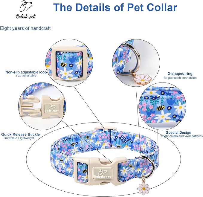Floral Dog Collar for Medium Dogs - Cute Spring Dog Collars, Soft Lightweight Bee & Daisy Puppy Collar, Breathable Adjustable Male Female Blue Wildflowers Dogs Collars M