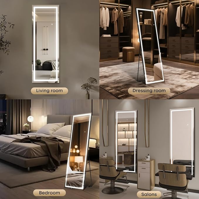 Kosmonia 59x16 Frameless Full Length Mirror, Dimmable 3 Color LED Light