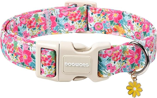 DOGWONG Spring Flower Dog Collar-Cute Floral Daisy Dog Collar, Adjustable Soft Girl Female Dog Collar for Medium Large Dogs, L