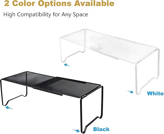 Extendable Dense Mesh Metal Shelf - 15-24.4in Adjustable Stackable Organizer for Kitchen, Bathroom, Shoe Cabinet & Tool Closet, Dust-Proof Small Item Friendly Storage Rack (2 Piece, White)
