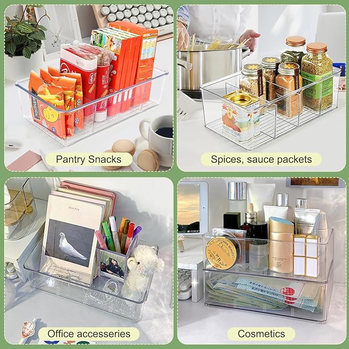 Clear Pantry Snack Organizer Bins with Dividers, 4 Pack