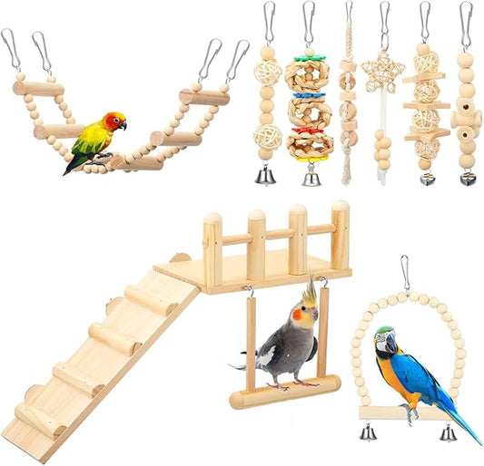 Morezi Bird Swing for cage Parakeet Parrot Swing Wood Hemp Rope Ladder Toy Play Gym Hanging Swing Parrot Perch Hammock Toy for Budgerigar Conure Cockatiel mynah Finches Small Medium Breeds 10pcs