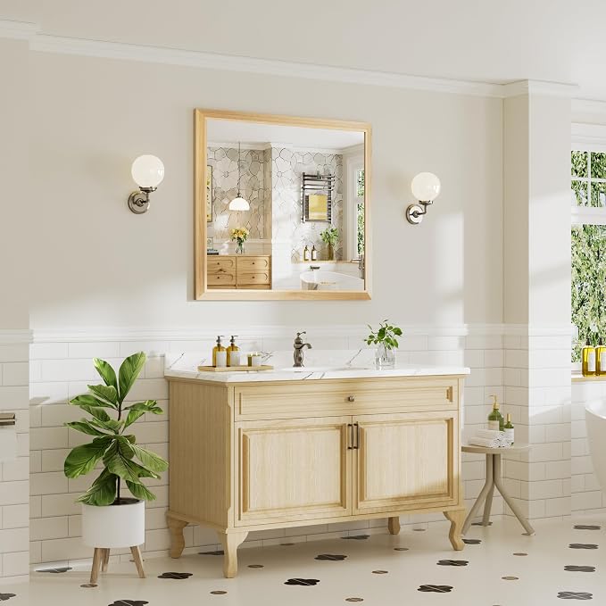 40x36 Inch Bathroom Mirror for Wall, Anti-Rust Oak Wood Grain Metal Framed