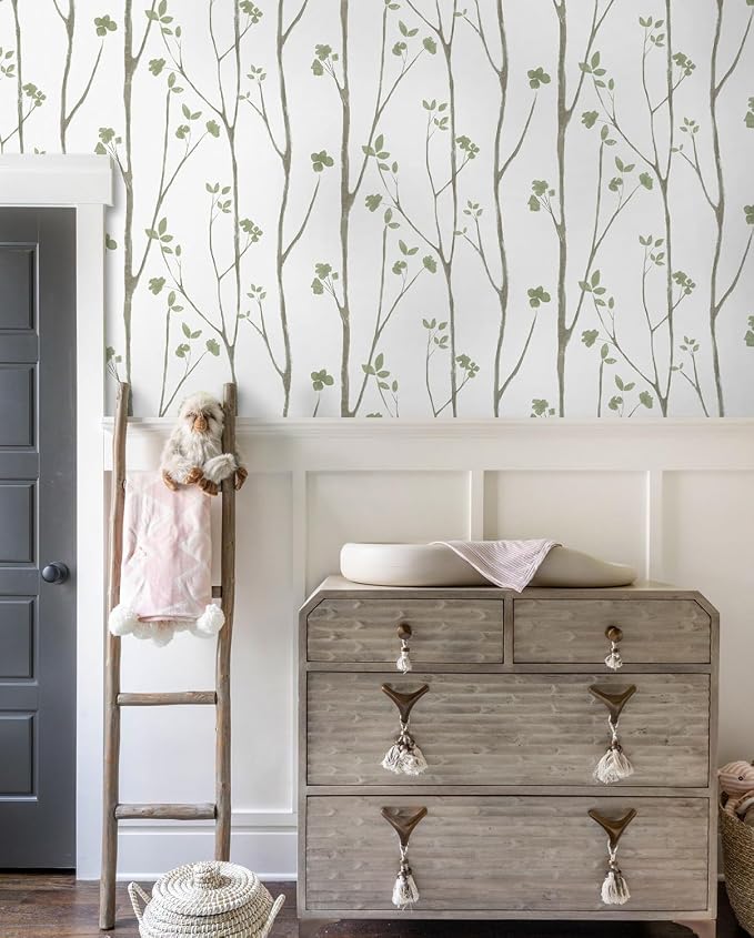 Timeet Peel and Stick Wallpaper Green Leaf Wall Paper Boho Floral Contact Paper