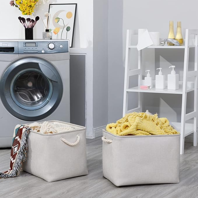 Bidtakay Large Fabric Storage Bins Beige Linen Closet Organizers Set of 2 Baskets for Shelves Clothes Bedroom 16x11.8x11.8 Inch Foldable Organization Baskets for Towels Blankets Storage Dog Toys