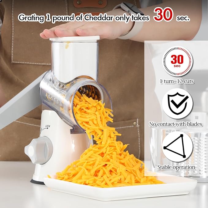 Ourokhome Rotary Cheese Grater Hand Crank, Kitchen Shredder Speed Mandolin Slicer Ice Shaver with Handle and Drum Blades for Cheese, Vegetable, Nuts, Chocolate, Potato, Carrot, 5 Blades, White