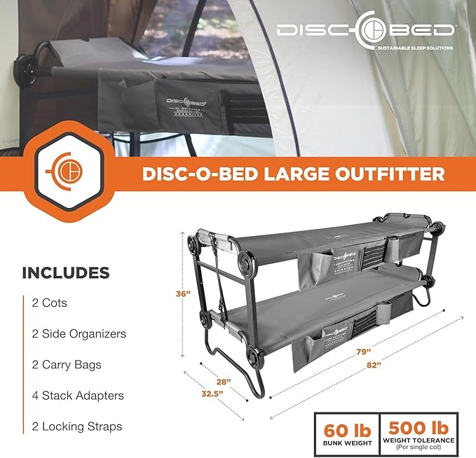 Disc-O-Bed Portable Cam-O-Bunk Bed, Large 2 Adult Sleeping Cot for Camping, Gray