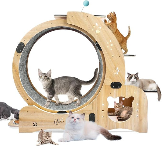 Cat Running Wheel,Cat Treadmill for Indoor Cats,Exercise Wheel Wood Climbing Frame,55''Oversized Roller Indoor Activity Center,Large (6-in-1)