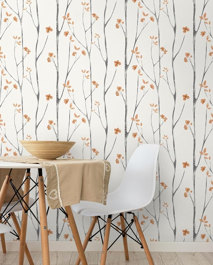 Timeet Peel and Stick Wallpaper White and Orange Floral Wallpaper Boho Leaf