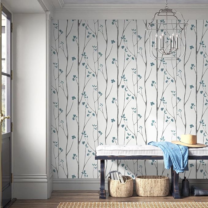Timeet Peel and Stick Wallpaper White and Blue Floral Wallpaper Boho Leaf