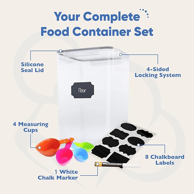 Chef's Path Extra Large Tall Airtight Food Storage Containers, Set of 4, Airtight Food Storage for Flour, Sugar, Rice, Includes Measuring Scoops, Pen, and Labels, 7qt, 220Oz, 6.5L, Transparent