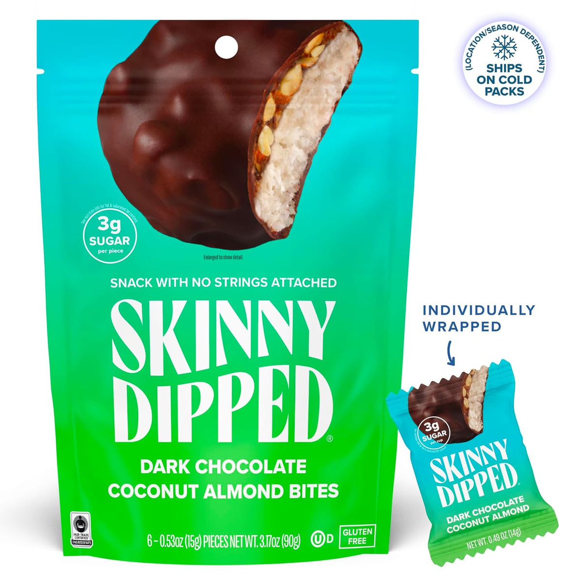 SkinnyDipped Dark Chocolate Coconut Almond Bites, Low Sugar Chocolate Coconut Bar, 3.17oz Resealable Bags, Pack of 4 (24 Bites Total)