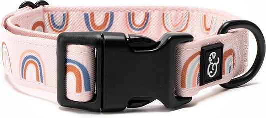 Lucy & Co. in The Clouds Dog Collar - Durable Lightweight Designer Collar for Pets - Adjustable Metal Safety Buckle - Pink Rainbows - Small