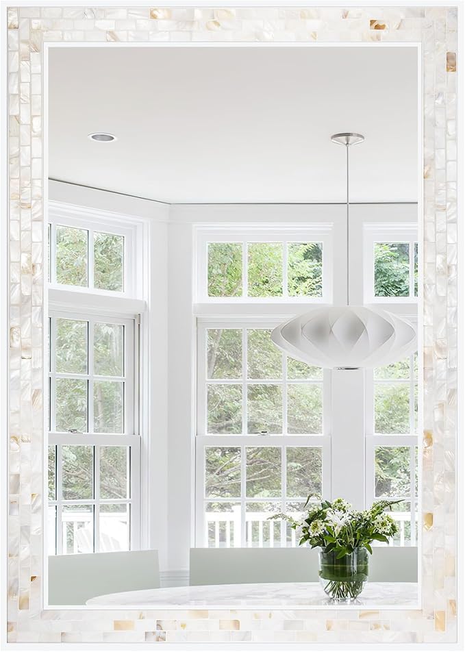 Wall Mounted Mosaic Mirror 30x40 Inch, Natural Mother of Pearl Inlay White
