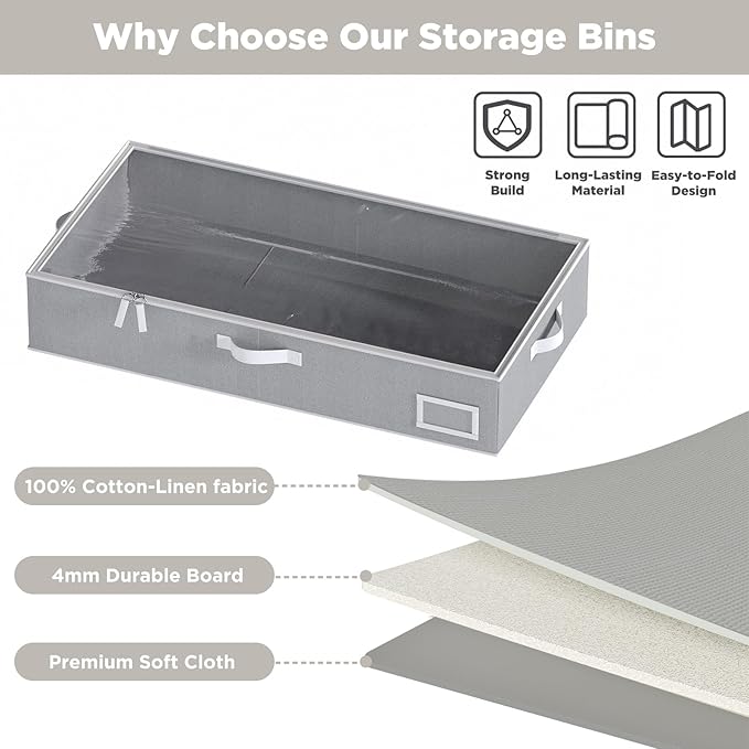 Under Bed Storage, Under Bed Storage Containers Bins for Clothes, Large Linen Underbed Closet Organization Bins, 2 Pack Collapsible Underbed Bin Dorm for Clothes, Sweater, Gray