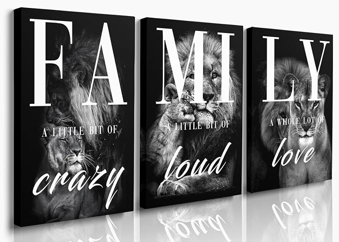 GUBIYU Black Gray Animal Wall Art Set of 3 Lion Prints