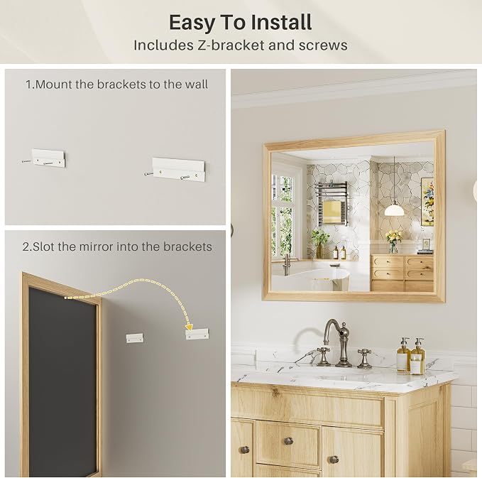60x36 Inch Bathroom Mirror for Wall, Anti-Rust Oak Wood Grain Metal Framed