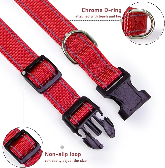 Reflective Dog Collar with Buckle Adjustable Safety Nylon Collars for Small Medium Large Dogs, Red S