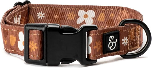 Lucy & Co. Chocolate Meadows Dog Collar - Durable Lightweight Designer Collar for Pets - Adjustable Metal Safety Buckle (Medium, Brown & White Floral)