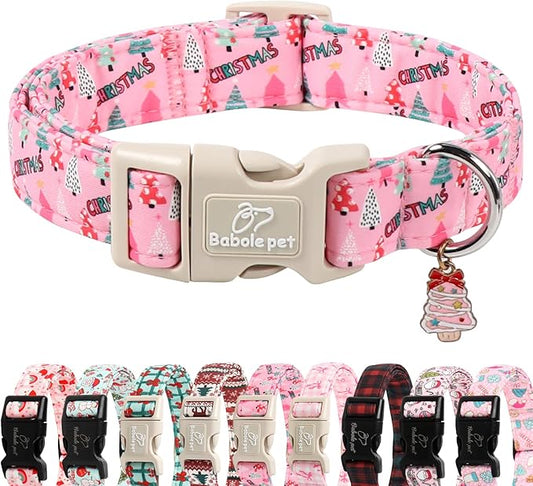 Christmas Dog Collar for Puppy Small Dogs - Cute Xmas Tree Print Pink Christmas Collars for Dogs, Soft Adjustable Winter Holiday Dog Collars with Quick Release Buckle XS
